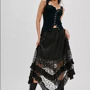 Free People Ashlyn Maxi Skirt Mid-Rise Tiered Ruffle Embroidered New XL